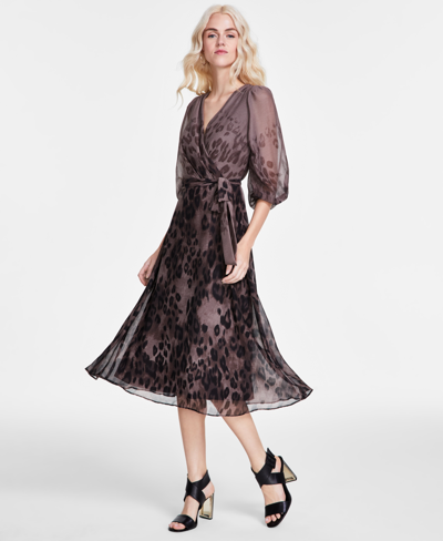 Dkny Women's Printed Faux-wrap Balloon-sleeve Dress In Brown Multi
