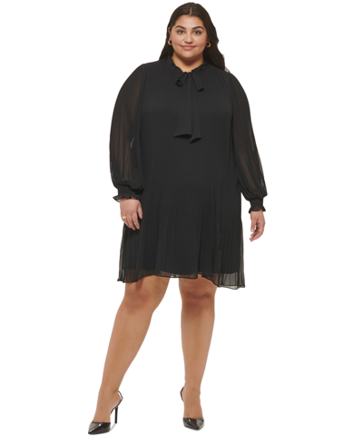 Dkny Plus Size Tie-neck Pleated Balloon-sleeve Chiffon Dress In Black