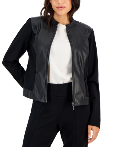 Ak Anne Klein Petite Mandarin-collar Zip-up Jacket In Anne Black