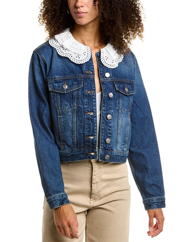 Maje Broderie Anglaise-trimmed Denim Jacket In Blue