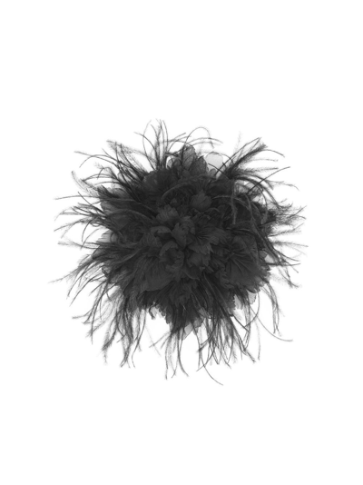 Saint Laurent Women's Oversized Anemone Brooch In Silk And Feathers In Black