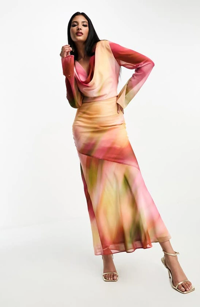 Asos Design Chiffon Cowl Neck Maxi Dress In Marble Print-multi