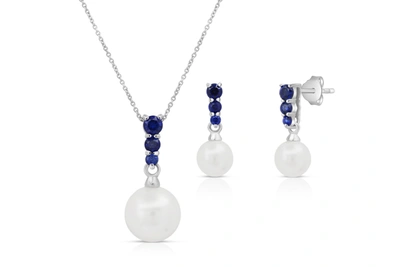 Max + Stone Sterling Silver Cultured Pearl And Created Blue Sapphire Pendant Necklace And Stud Earrings Set In White