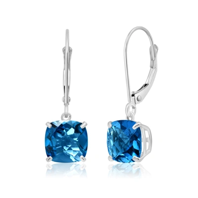 Max + Stone 14k Solid White Gold Gemstone Dangle Leverback Earrings (8mm) In Blue