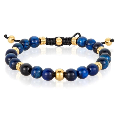 Crucible Jewelry Crucible Los Angeles 8mm Blue Tiger Eye And Gold Ip Stainless Steel Beads On Adjustable Cord Tie Bra