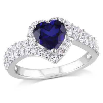 Mimi & Max 2 3/4 Ct Tgw Created Blue And Created White Sapphire Heart Halo Double Row Ring In Sterling Silver