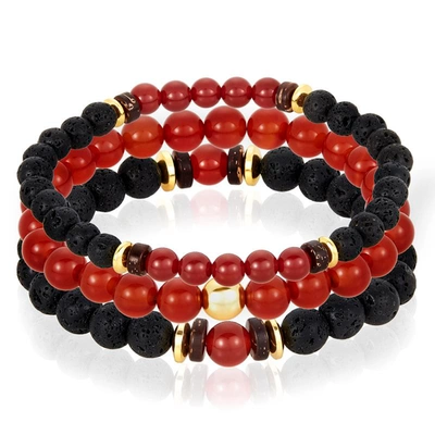 Crucible Jewelry Crucible Los Angeles 3 Pack Red Agate, Lava, Wood And Gold Hematite Bead Stretch Bracelets