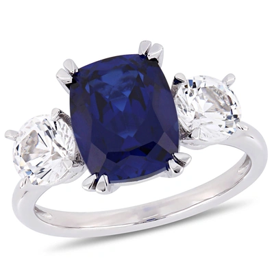 Mimi & Max 6 1/10 Ct Tgw Cushion-cut Created Blue And Created White Sapphire Three-stone Ring In 10k White Gold