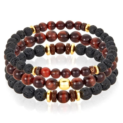Crucible Jewelry Crucible Los Angeles 3 Pack Red Tiger Eye, Lava, Wood And Gold Hematite Bead Stretch Bracelets In Black