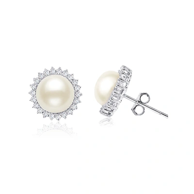 Max + Stone Sterling Silver Cultured 7-7.5mm Button Pearl Halo Stud Earrings