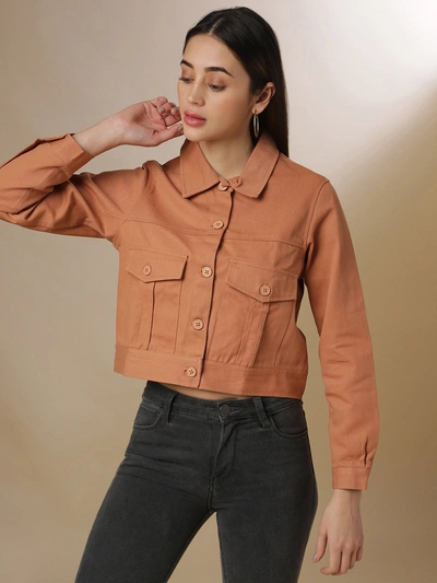 Campus Sutra Women Solid Stylish Casual Denim Jacket In Brown