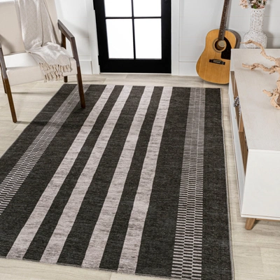 Jonathan Y Vichy Geometric Striped Machine-washable Black/ivory Area Rug In Beige