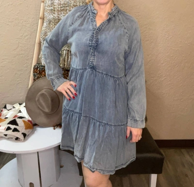 Easel Take Me Away Dress In Washed Denim In Blue