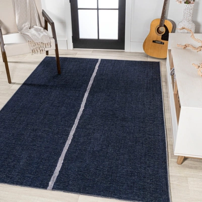 Jonathan Y Linja Solid Centre Stripe Machine-washable Navy/ivory Area Rug In Blue
