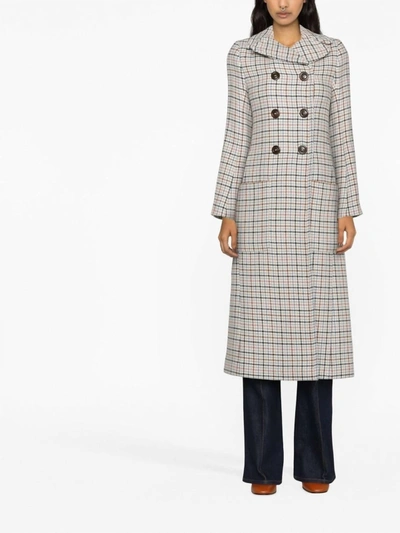 SEE BY CHLOÉ DOUBLE BREASTED LONG WOOL COAT IN MILK PLAID