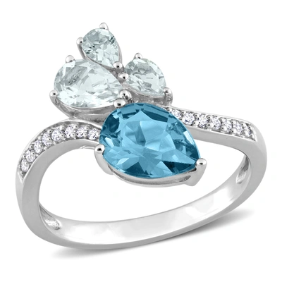 Mimi & Max 1 7/8 Ct Tgw Pear-shape London Blue Topaz And Aquamarine And 1/10 Ct Tw Diamond Toi Et Moi Ring In 1