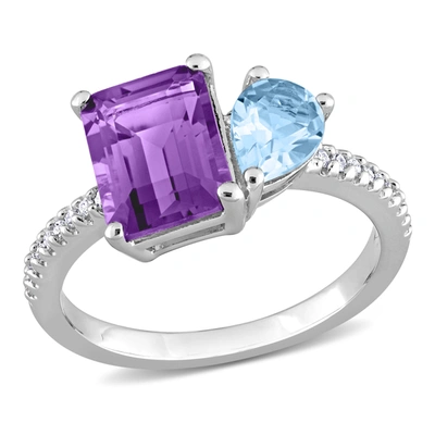 Mimi & Max 3 1/10 Ct Tgw Sky Blue Topaz And Amethyst With 1/10 Ct Tw Diamond 2-stone Toi Et Moi Ring In Sterlin In Silver