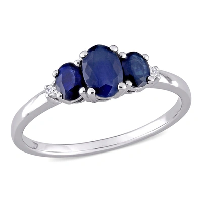 Mimi & Max 1 Ct Tgw Oval Sapphire 3-stone Ring With 0.02 Ct Tw Diamond In 10k White Gold In Blue