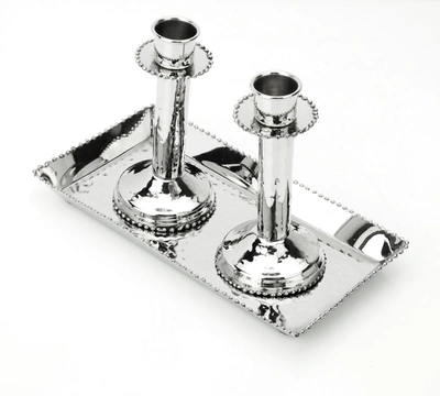 Classic Touch Decor Two Candlesticks With Beaded Design On Tray