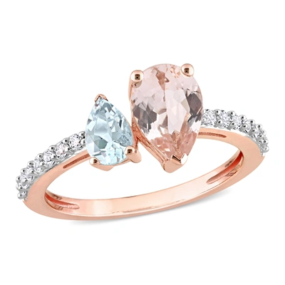 Mimi & Max 2 Ct Tgw Pear Shape Morganite, Aquamarine And White Topaz Ring In 10k Rose Gold In Blue