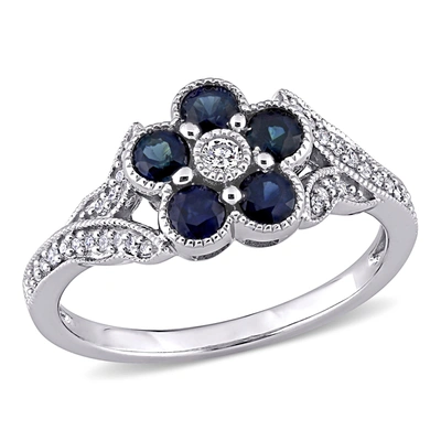 Mimi & Max 3/4 Ct Tgw Blue Sapphire And 1/6 Ct Tw Diamond Floral Engagement Ring In 10k White Gold In Silver