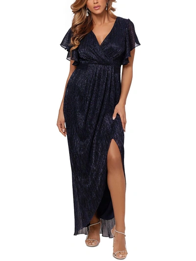B & A By Betsy And Adam Womens Metallic Faux-wrap Evening Dress In Blue