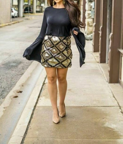 Lucky & Blessed Geometric Beaded Skirt In Black And Gold