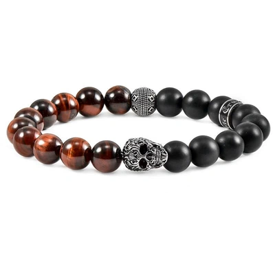 Crucible Jewelry Crucible Los Angeles Single Gold Skull Stretch Bracelet With 10mm Matte Black Onyx And Red Tiger Eye In Silver