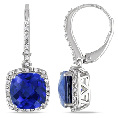Mimi & Max 6 1/2 Ct Tgw Created Blue Sapphire And 1/5 Ct Tw Diamond Leverback Halo Earrings In Sterling Silver