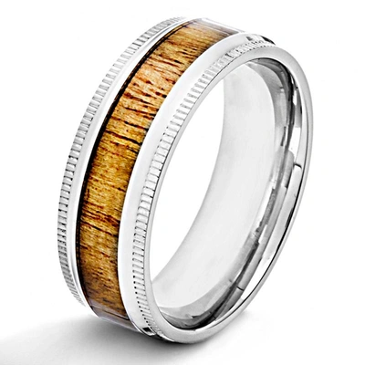 Crucible Jewelry Crucible Los Angeles Stainless Steeel High Polished Wood Inlay Ridged Edge Ring In Gold