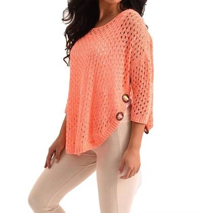 French Kyss Aimee Wooden Button Poncho In Melon In Pink
