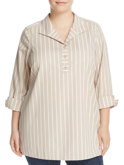 Foxcroft Nyc Plus Womens Striped Collared Tunic Top In Beige