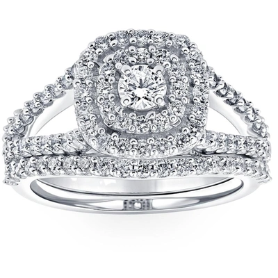 Pompeii3 1 1/10 Ct Lab Grown Diamond Cushion Halo Engagement Wedding Ring Set White Gold In Multi