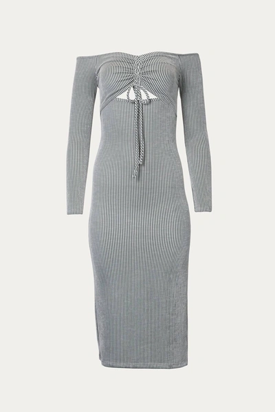Endless Blu. Off-the-shoulder Cutout Midi Dress In Dusty Sage In Grey