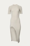 Sweaterland Ribbed Midi Dress With Front Slit In Almond In Beige