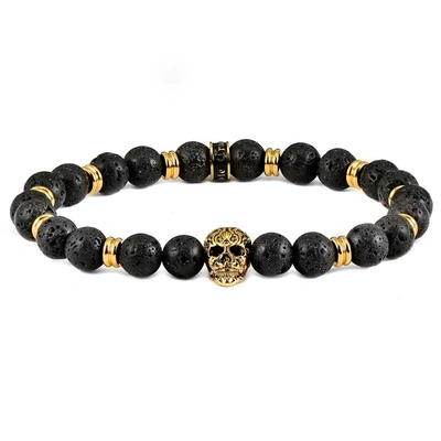 Crucible Jewelry Crucible Los Angeles Polished Stainless Steel Skull And Black Lava Strech Bracelet