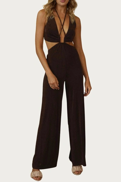 Endless Blu. Open-back Cutout Jersey Jumpsuit In Dark Chocolate In Black