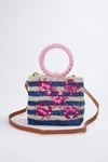 ETHNIQUE SHELLY EMBROIDERED RAFFIA CROSS-BODY WRISTLET BAG IN BLUE/PINK