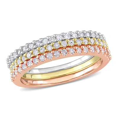 Mimi & Max 5/8ct Tdw Triple Row Diamond Ring Set In 3-tone Pink, Yellow And White Sterling Silver