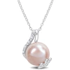 Mimi & Max 12-12.5mm Rice-shaped Pink Freshwater Cultured Pearl 1/10ct Tdw Diamond Open Leaf Pendant With Chain In Beige