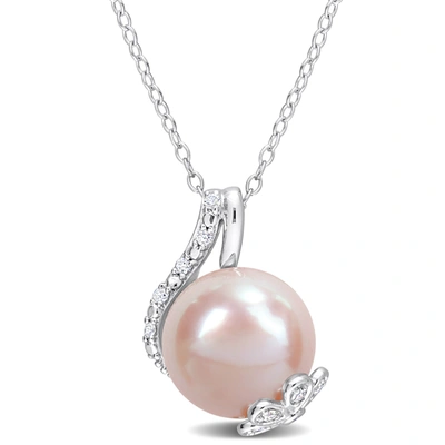 Mimi & Max 12-12.5mm Rice-shaped Pink Freshwater Cultured Pearl 1/10ct Tdw Diamond Open Leaf Pendant With Chain In Beige