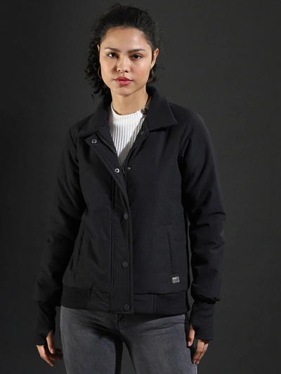 Campus Sutra Women Solid Winter Bomber Jacket In Black