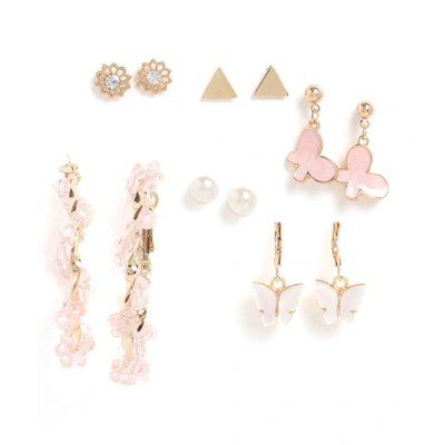 Sohi Set Of 6 Gold-toned Plated Pearls Beaded Contemporary Drop Earrings In Pink