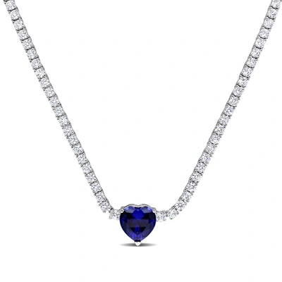 Mimi & Max 18 Ct Tgw Heart Shaped Created Blue Sapphire And Created White Sapphire Tennis Necklace In Sterling 