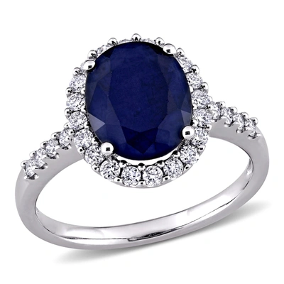 Mimi & Max 3 1/2 Ct Tgw Oval Diffused Sapphire Halo Ring With 2/5 Ct Tw Diamonds In 14k White Gold In Blue