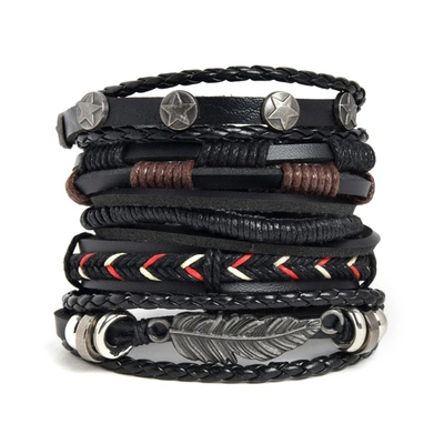 Sohi Set Of 4 Black Leather Wraparound Bracelet