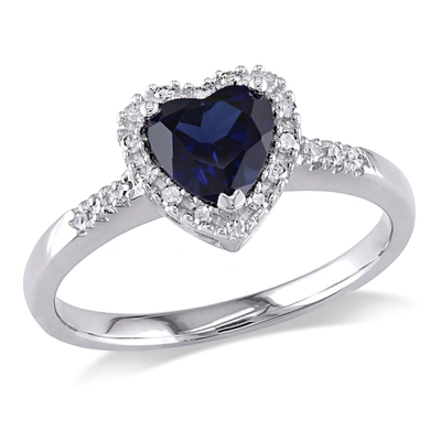 Mimi & Max 1/10 Ct Tw Halo Diamond And 7/8 Ct Tgw Heart Shaped Created Blue Sapphire Ring In 10k White Gold