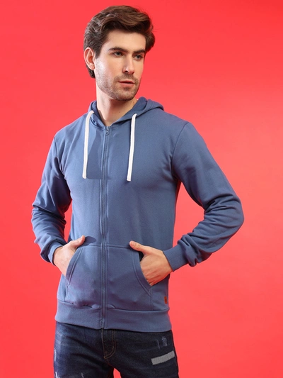 Campus Sutra Men Zipper Solid Full Sleeve Stylish Casual Hooded Sweatshirts In Blue