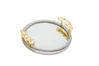 CLASSIC TOUCH DECOR MIRROR TRAY SILVER BORDER GOLD LEAF DESIGN ON HANDLE 12"D