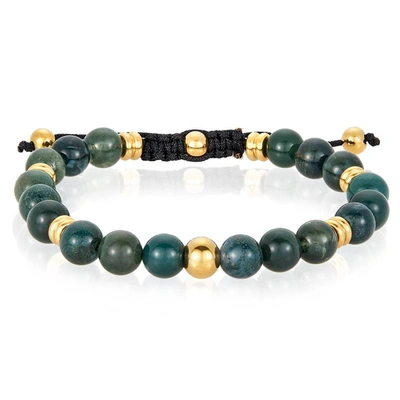 Crucible Jewelry Crucible Los Angeles 8mm Moss Agate And Gold Ip Stainless Steel Beads On Adjustable Cord Tie Bracele In Black
